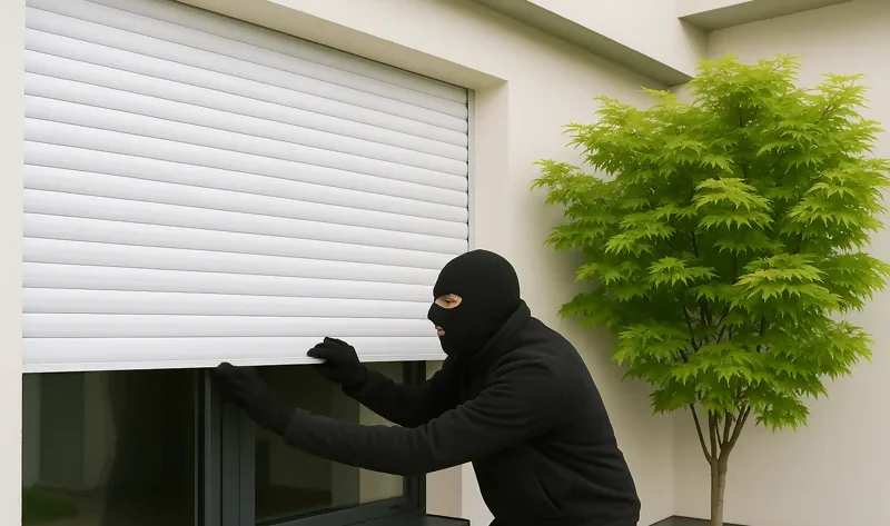 Złodziej próbuje podnieść roletę zewnętrzną, aby włamać się do domu