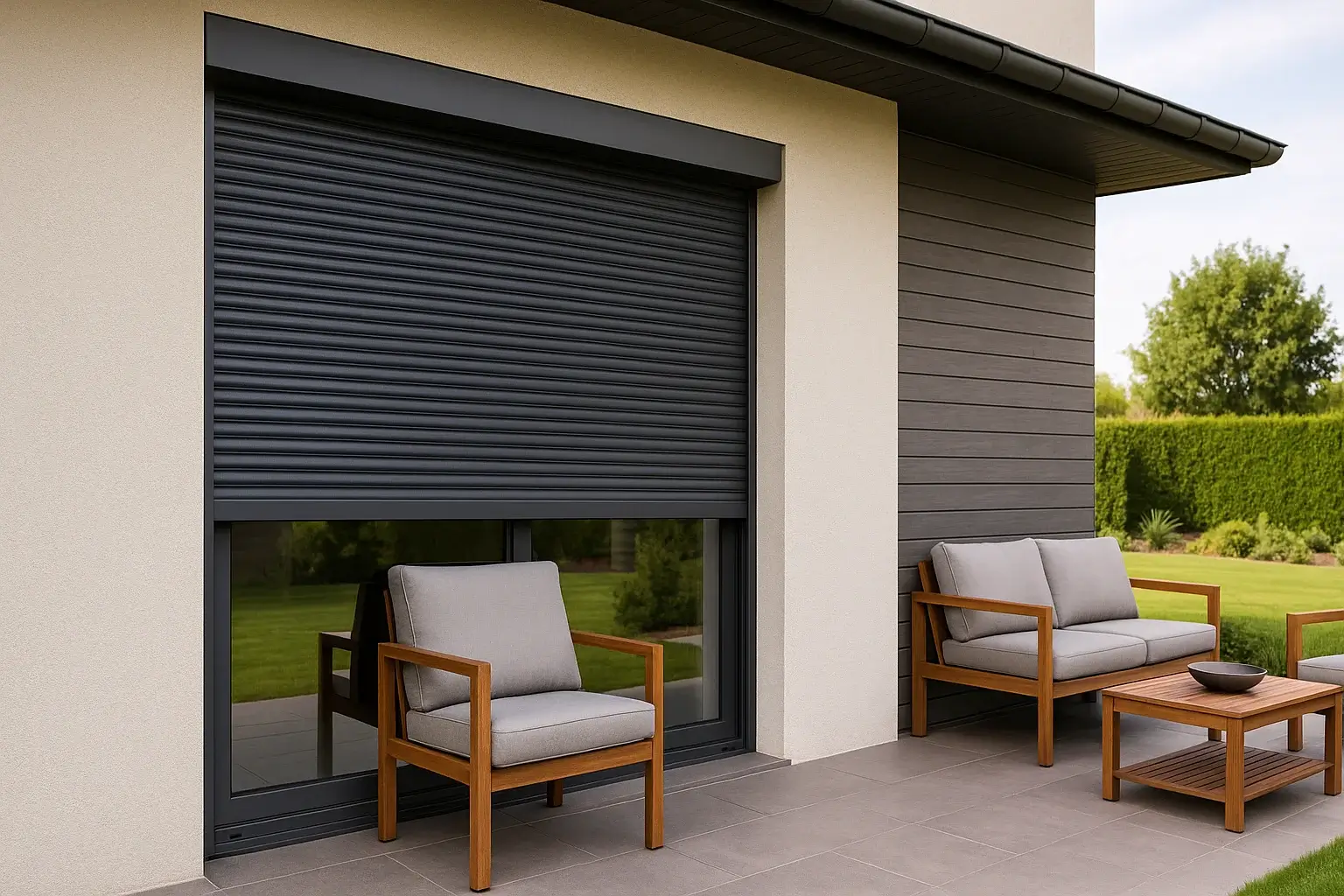Nowoczesny taras przy domu jednorodzinnym z opuszczoną roletą zewnętrzną zatrzymującą się na fotelu tarasowym, otoczony meblami ogrodowymi i zielonym ogrodem w tle