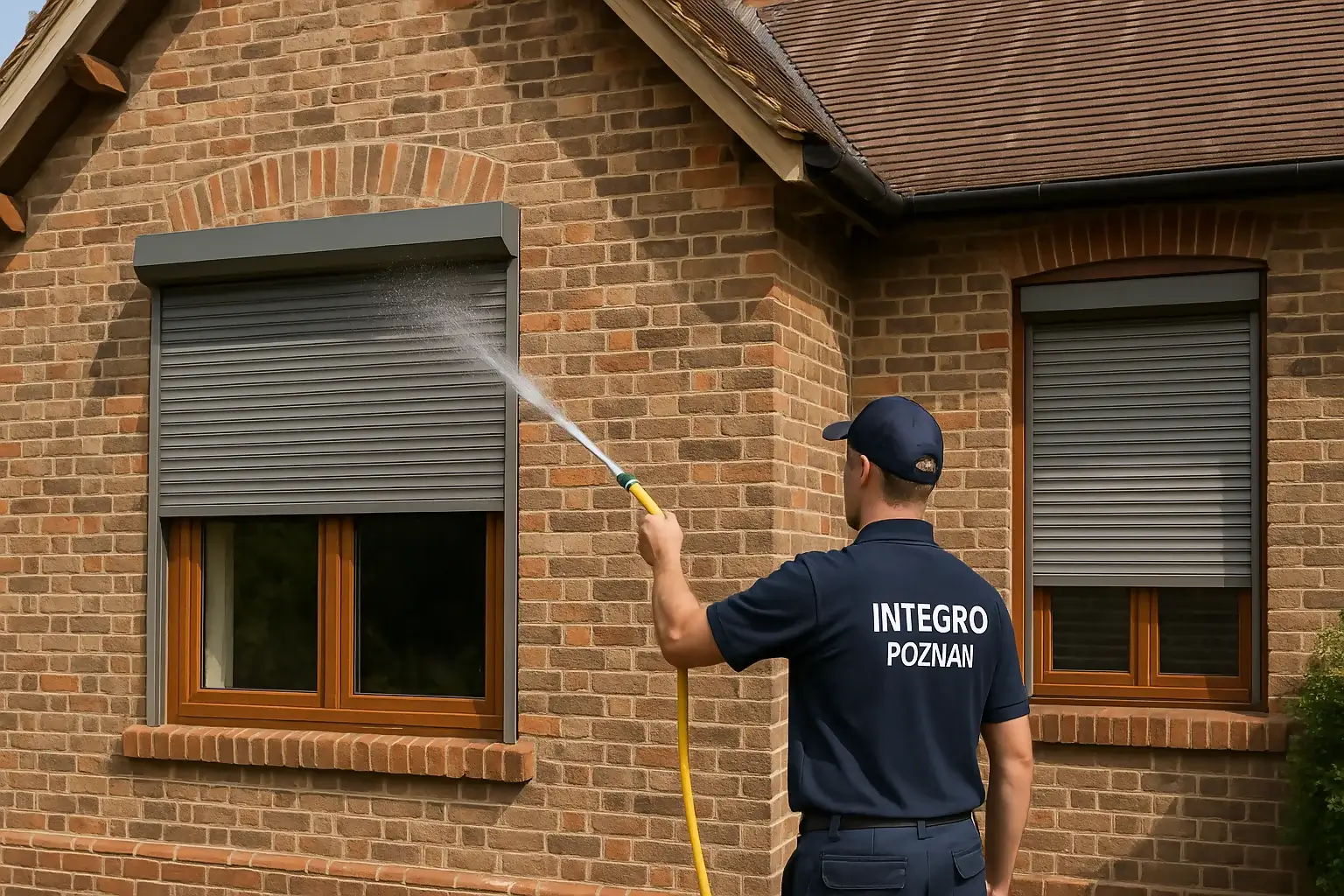 Mężczyzna w granatowym uniformie z napisem "INTEGRO POZNAŃ" myje zewnętrzną roletę na oknie angielskiego domu z czerwonej cegły za pomocą ogrodowego węża.
